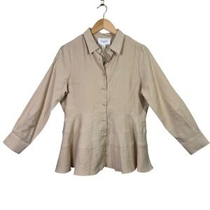 POMANDER PLACE Womens Small Beige Peplum Button Down Shirt Blouse Relaxed fit